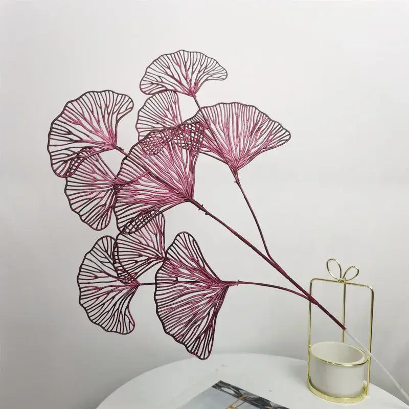 Decorbites ginkgo leaf branch artificial flowers in deep pink with intricate vein detailing on slender stems for home decor