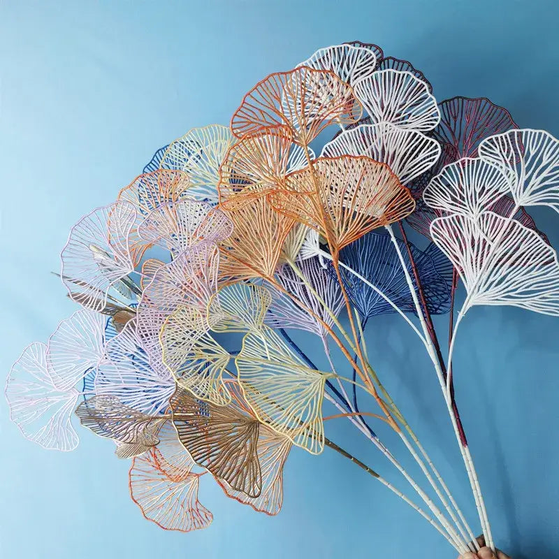 A bouquet of intricately woven wire-framed pastel and earthy decorbites ginkgo leaf branch artificial flowers home decor