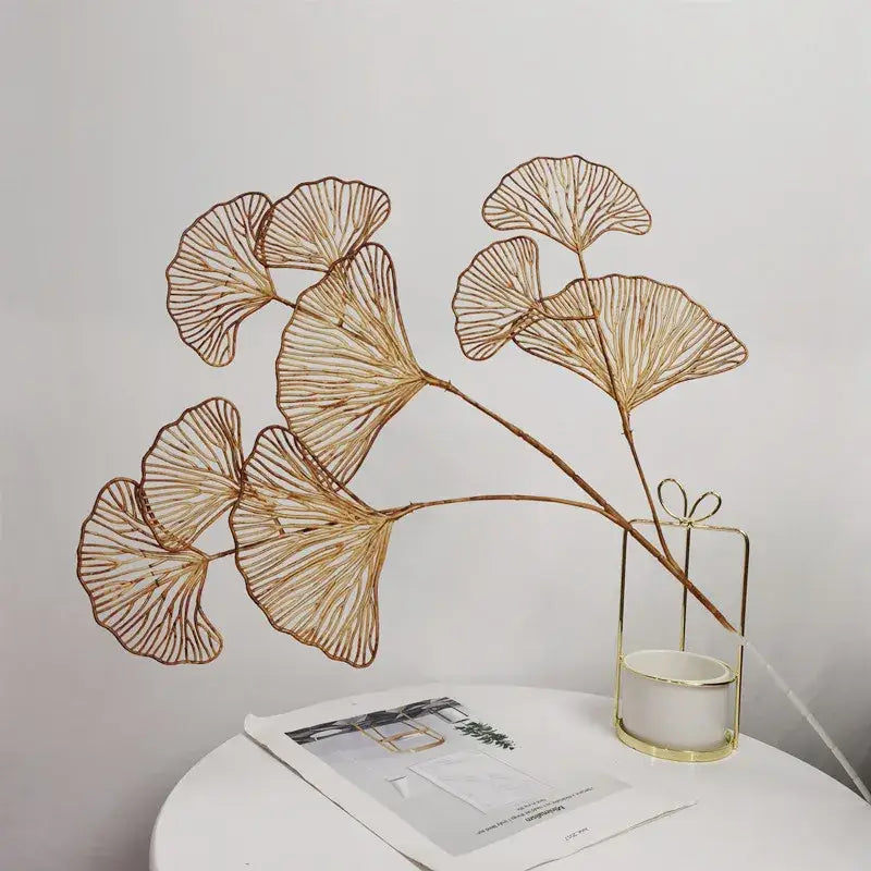 Decorbites ginkgo leaf branch with gold-toned wire and intricate vein detailing for artificial flowers home decor