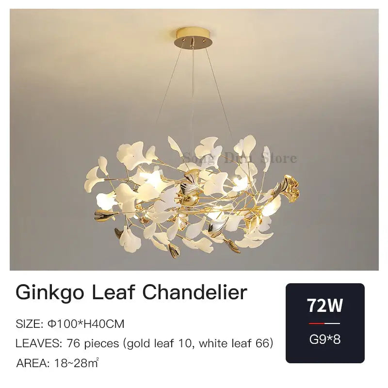 Decorbites ginkgo leaf chandelier in gold and white with 76 intricately crafted leaves for elegant luxury decor