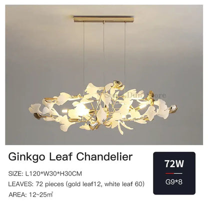 Decorbites ginkgo leaf chandelier with white and gold leaves suspended from a brass fixture for elegant Nordic decor