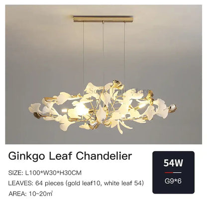 Elegant gold and white decorbites ginkgo leaf chandelier with 64 intricately designed leaves for dining and living rooms