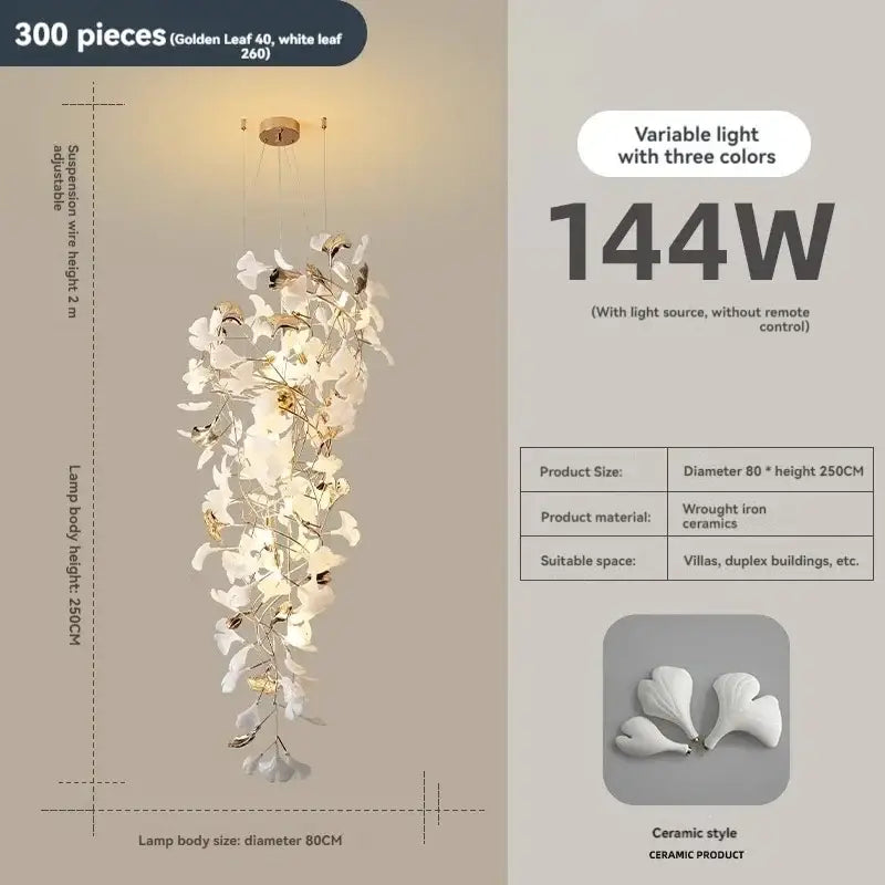 Elegant white ceramic ginkgo leaf chandelier with gold accents crafted from wrought iron by DecorBites for luxury spaces