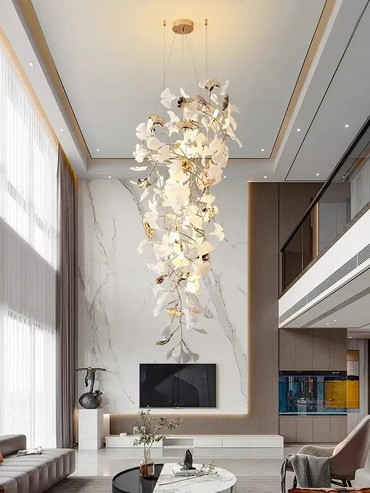 DecorBites Ginkgo Leaf chandelier with white and gold floral design hanging for luxury staircase and lobby lighting
