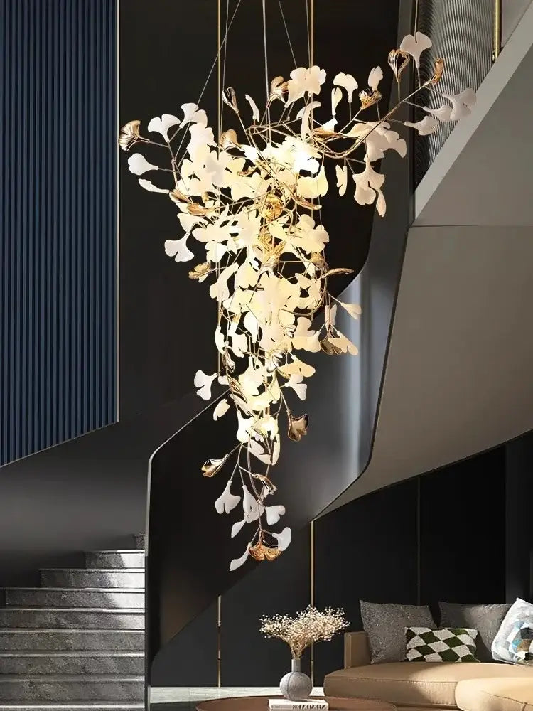 Decorbites ginkgo leaf chandelier featuring delicate white and gold ginkgo motifs for luxury staircase and lobby lighting