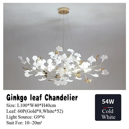 Elegant white and gold decorbites ginkgo leaf chandelier with modern branching design for living dining bedroom lighting
