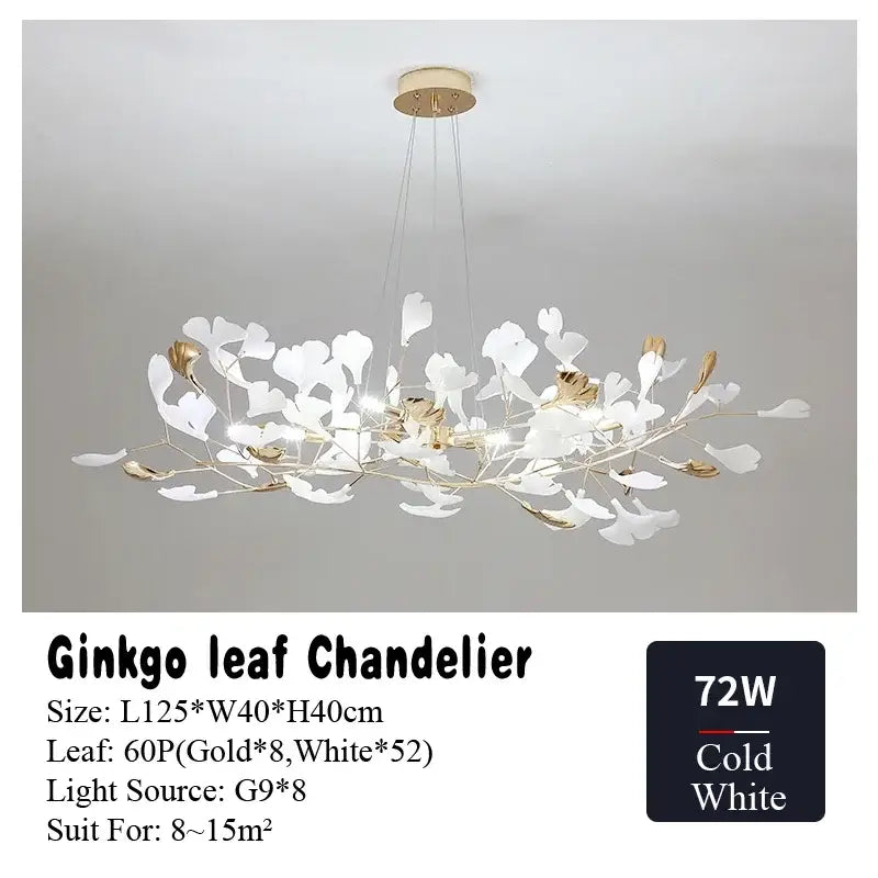 Elegant white and gold decorbites ginkgo leaf chandelier with LED pendant light for living dining and bedroom use