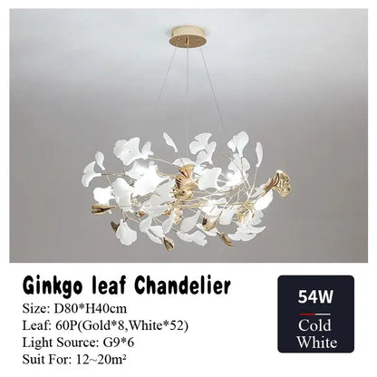Elegant white and gold decorbites ginkgo leaf chandelier with modern airy design for living dining bedroom lighting