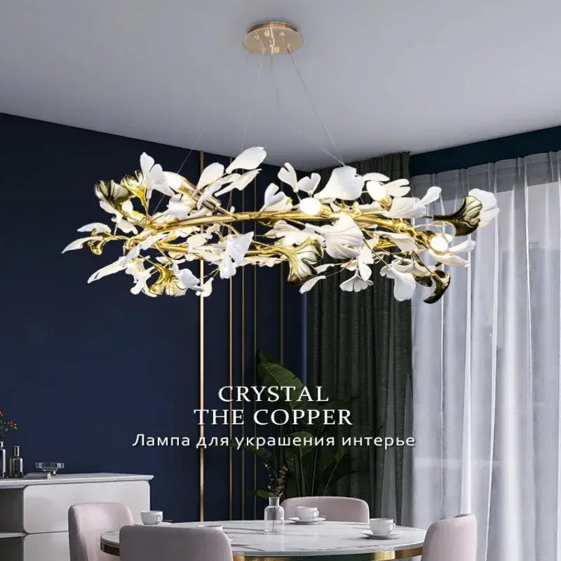 Elegant gold and white decorbites ginkgo leaf crystal chandelier with floral design and delicate blossoms for home décor