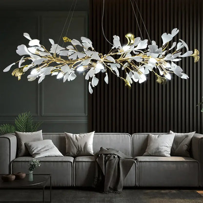 Elegant white and gold leaf crystal chandelier with modern branching design from decorbites ginkgo leaf collection