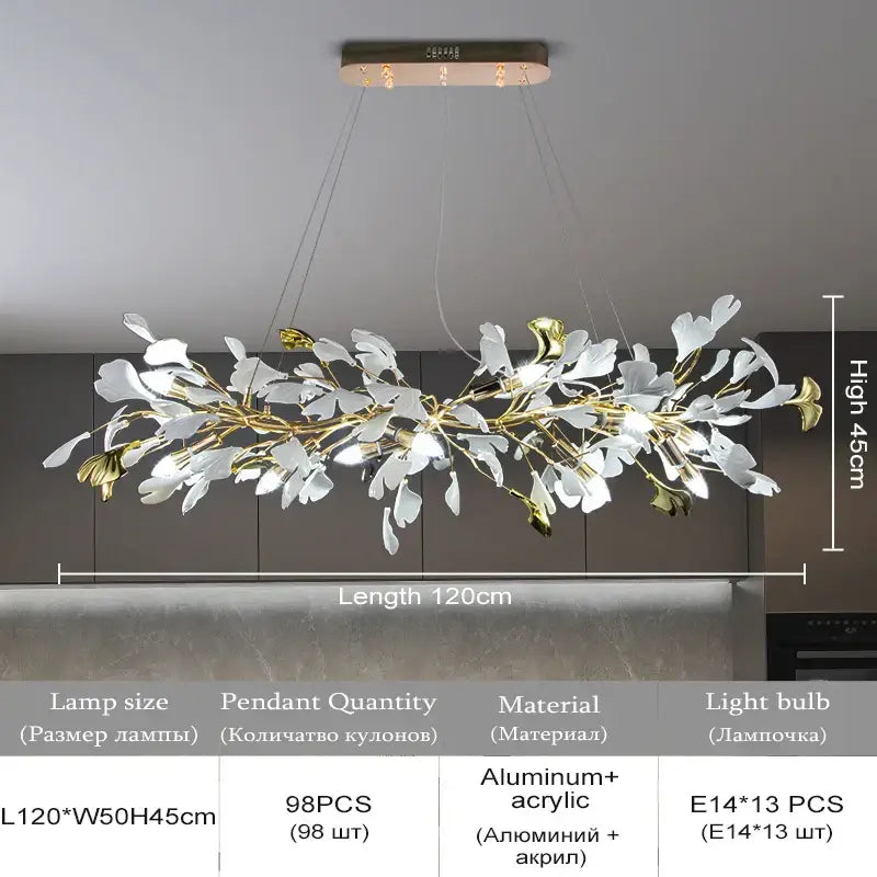 A modern decorbites ginkgo leaf pendant light with white and gold leaf acrylic elements and aluminum base
