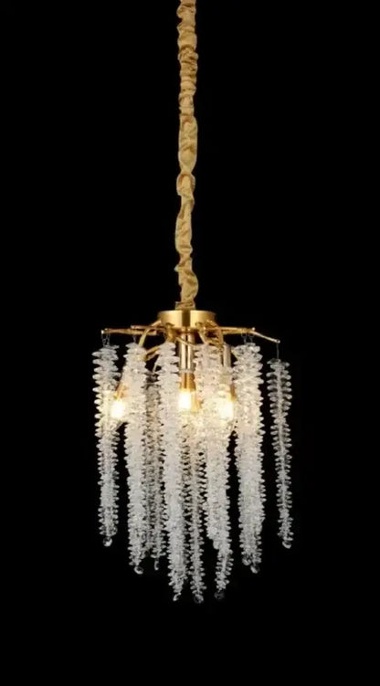 Decorbites ginkgo leaf crystal chandelier with golden frame and cascading clear faceted beads on twisted gold chain