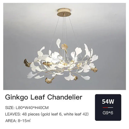 DecorBites ginkgo leaf leaf decor chandelier in white and gold with modern branching design for living room lighting