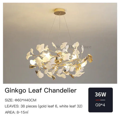 Decorbites ginkgo leaf leaf decor chandelier with 38 gold and white metallic leaves suspended by thin wires for living room