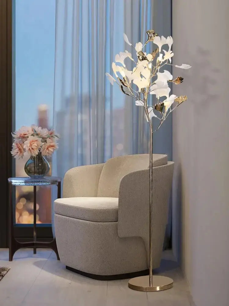 Tall slender decorbites ginkgo leaf floor lamp with white and gold leaf-shaped lights for modern living rooms
