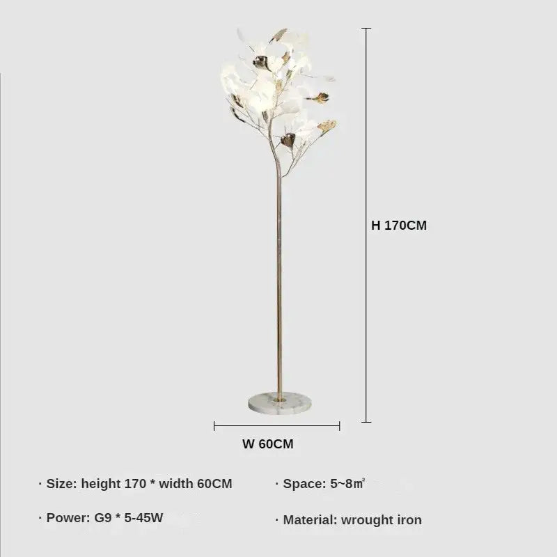 Decorbites ginkgo leaf floor lamp with white and gold leaf-shaped lights on polished brass stand for living room