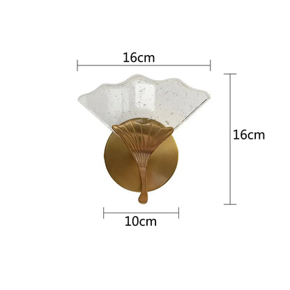 Gold-finished DecorBites Ginkgo leaf wall lights with fan-shaped textured frosted glass shade for elegant home lighting
