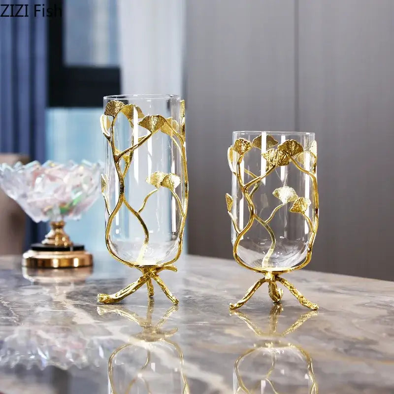 Elegant clear glass decorbites ginkgo leaf metal vase with intricate gold leaf and three-legged base for room decor