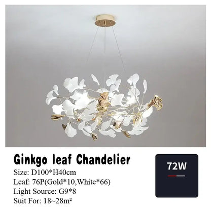 Elegant white and gold DecorBites Ginkgo Leaf pendant chandelier with modern airy design for Nordic romantic living room decor