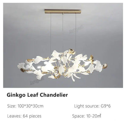 A decorbites ginkgo leaves chandelier featuring delicate white and gold-toned leaves on a brass fixture for luxury decor