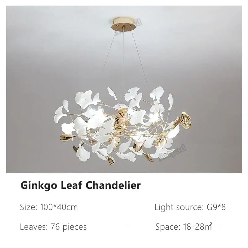 Decorbites ginkgo leaves chandelier featuring delicate white ginkgo leaf design with gold-toned accents for luxury decor
