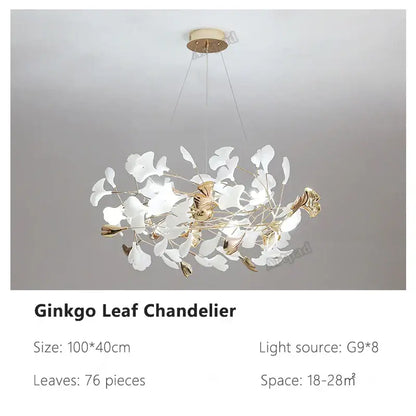 Decorbites ginkgo leaves chandelier featuring delicate white ginkgo leaf design with gold-toned accents for luxury decor