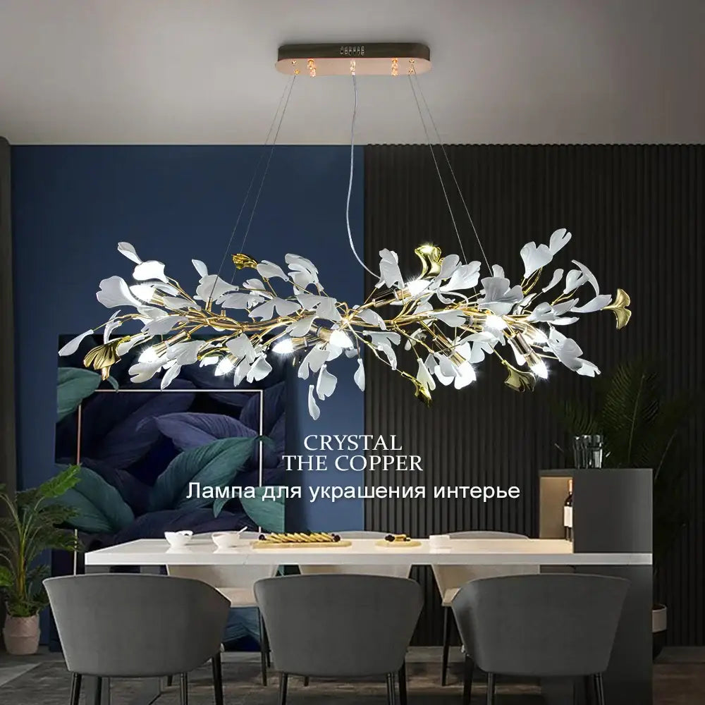 Decorbites ginkgo leaves chandelier with white and gold leaf elements and copper fixture for luxury nordic lighting