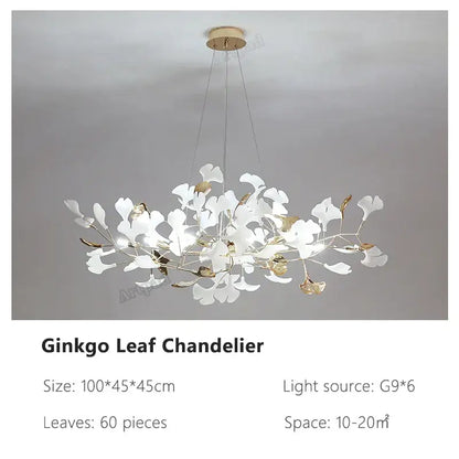 Elegant white and gold DecorBites ginkgo leaves chandelier with delicate branching design for Nordic luxury spaces