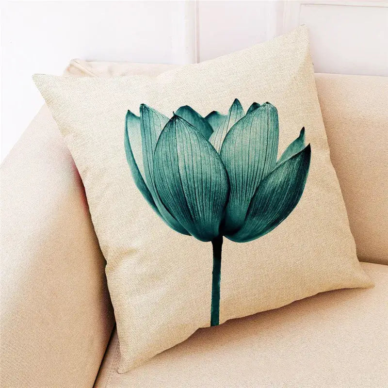 Beige linen cushion cover with detailed teal lotus flower print from decorbites ginkgo leaves collection for modern decor
