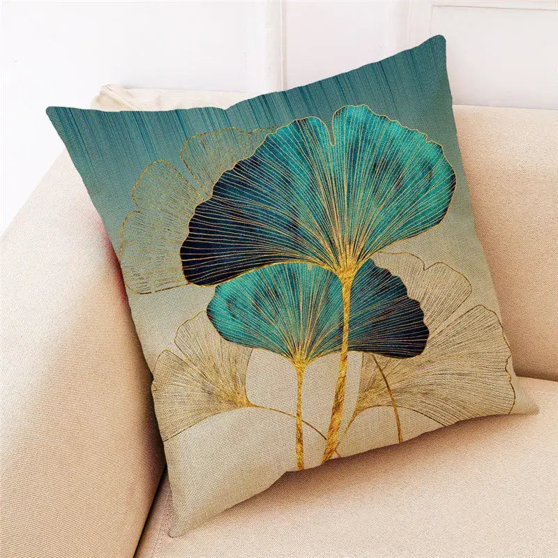 Decorbites ginkgo leaves cushion cover with teal navy and gold ginkgo leaves on beige linen for modern home decor