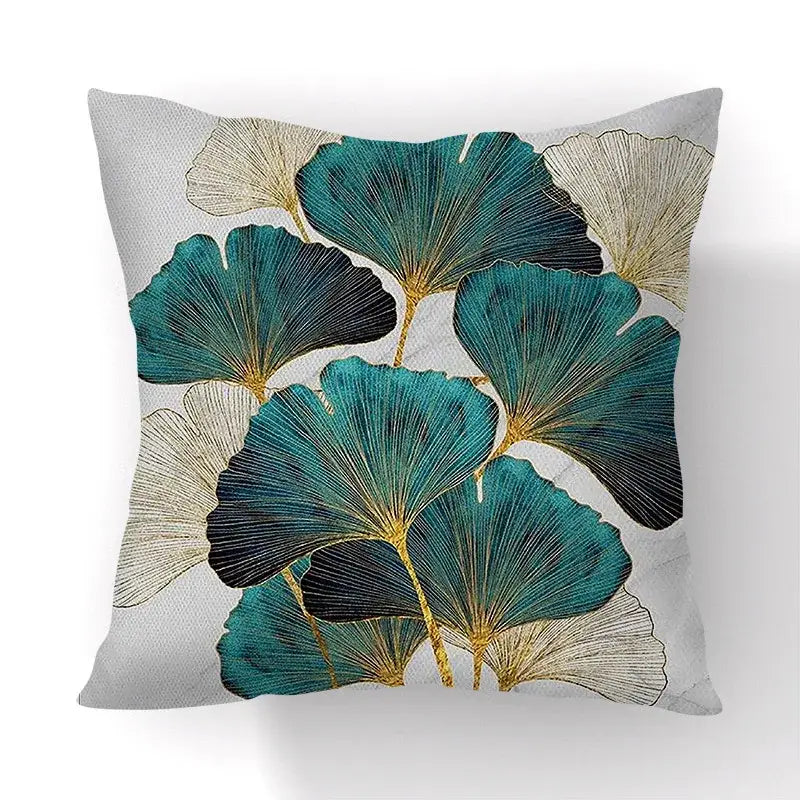 Square decorbites ginkgo leaves print sofa pillowcase with teal black and gold stylized leaves on light gray fabric