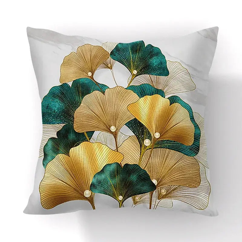 Decorbites ginkgo leaves print sofa pillowcase with golden teal ginkgo leaves on white marble background 45x45cm