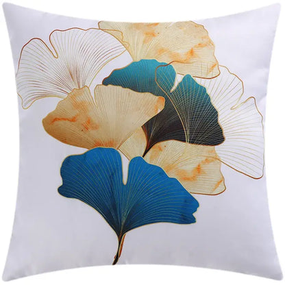 White decorbites ginkgo leaves print sofa pillowcase with elegant blue beige and gold leaves print design 45x45cm