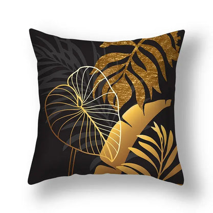 Black decorbites ginkgo leaves print throw pillow with metallic gold and white tropical leaves print sofa cushion cover