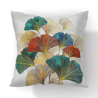Decorbites ginkgo leaves print sofa pillowcase with vibrant teal red gold and cream leaves print on light gray background
