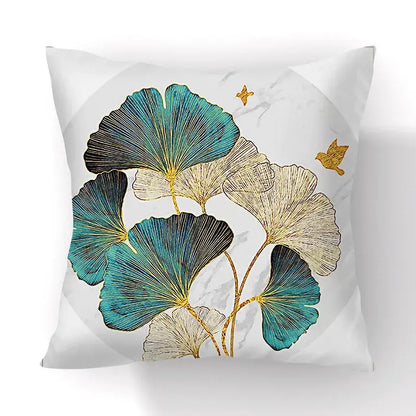 White decorbites ginkgo leaves print sofa pillowcase 45x45cm with teal cream ginkgo leaves and gold accents with birds