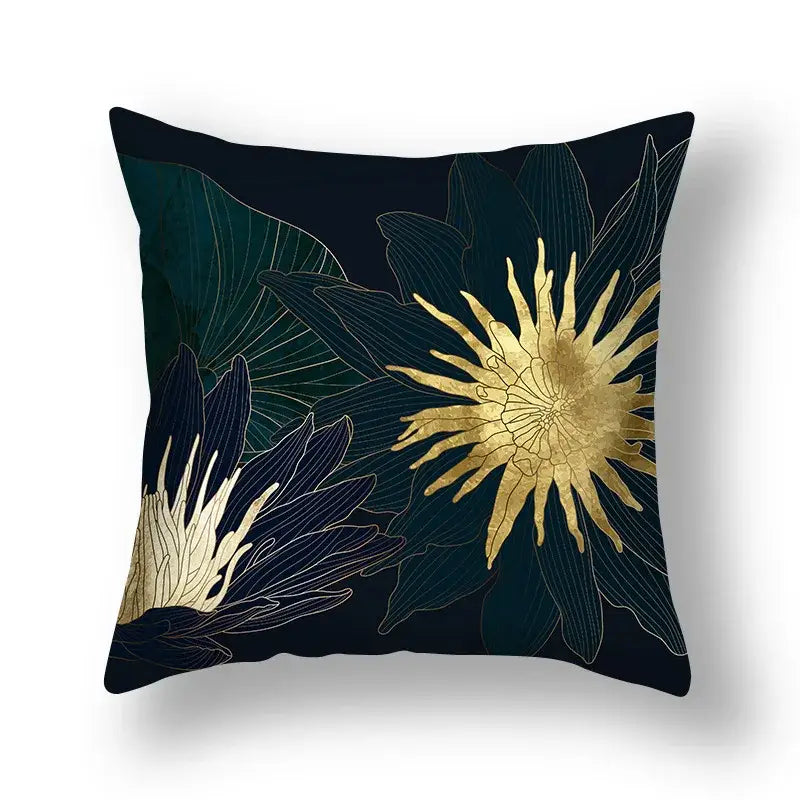 Decorbites ginkgo leaves print sofa pillowcase with dark navy background and gold cream leaves print design