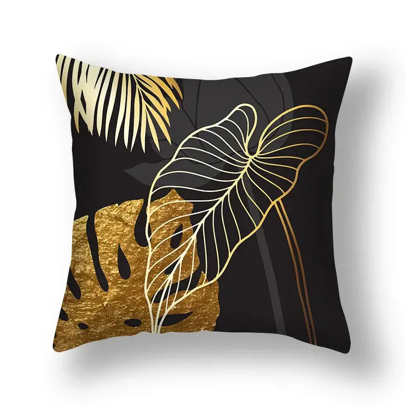 Black decorbites ginkgo leaves print sofa pillowcase with stylized tropical leaves in metallic gold and white foil accents