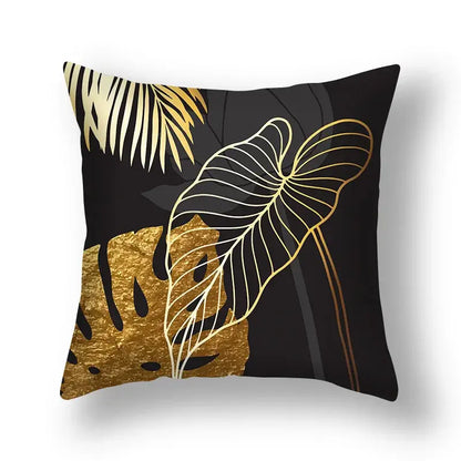 Black decorbites ginkgo leaves print sofa pillowcase with stylized tropical leaves in metallic gold and white foil accents
