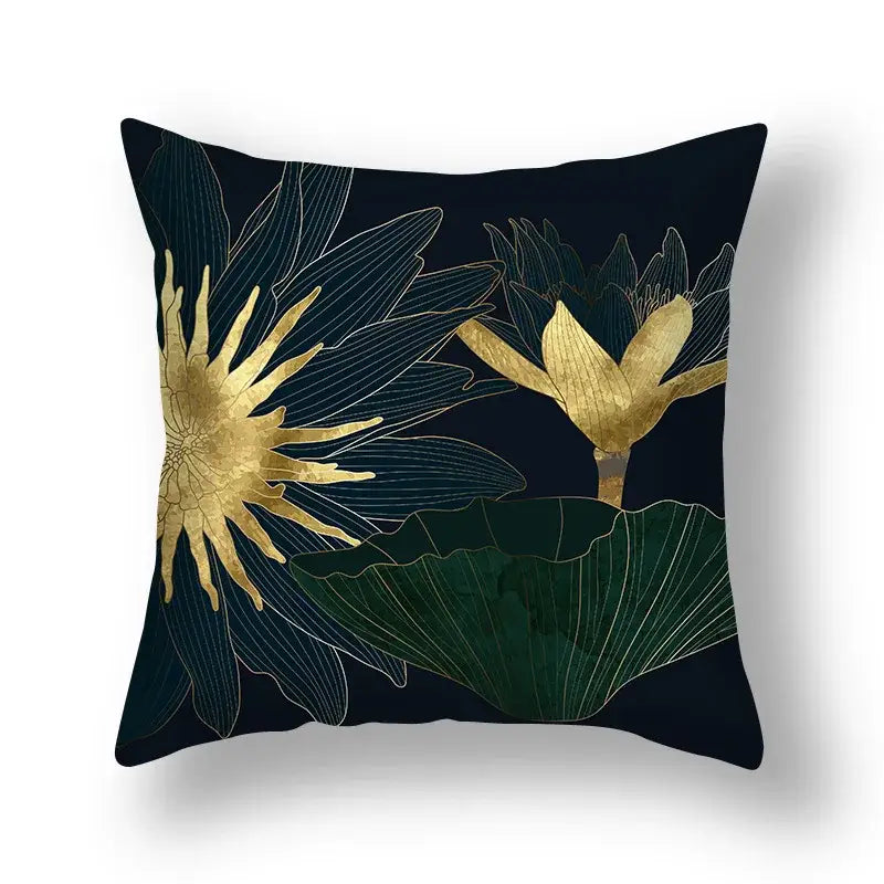 Dark navy decorbites ginkgo leaves print sofa pillowcase with elegant gold and deep green lotus flower design