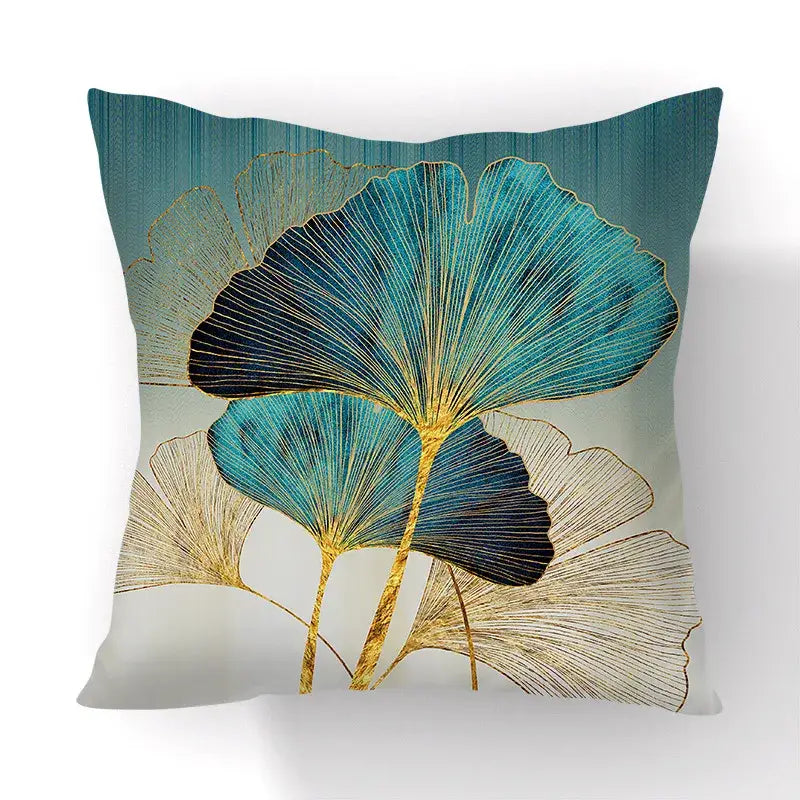 Decorbites ginkgo leaves print sofa pillowcase in teal navy blue and gold with modern leaves print design on gradient background