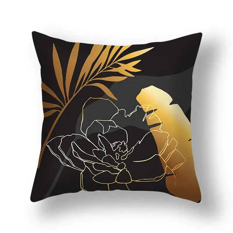 Black decorbites ginkgo leaves print sofa pillowcase featuring stylized gold leaf and white line art floral design