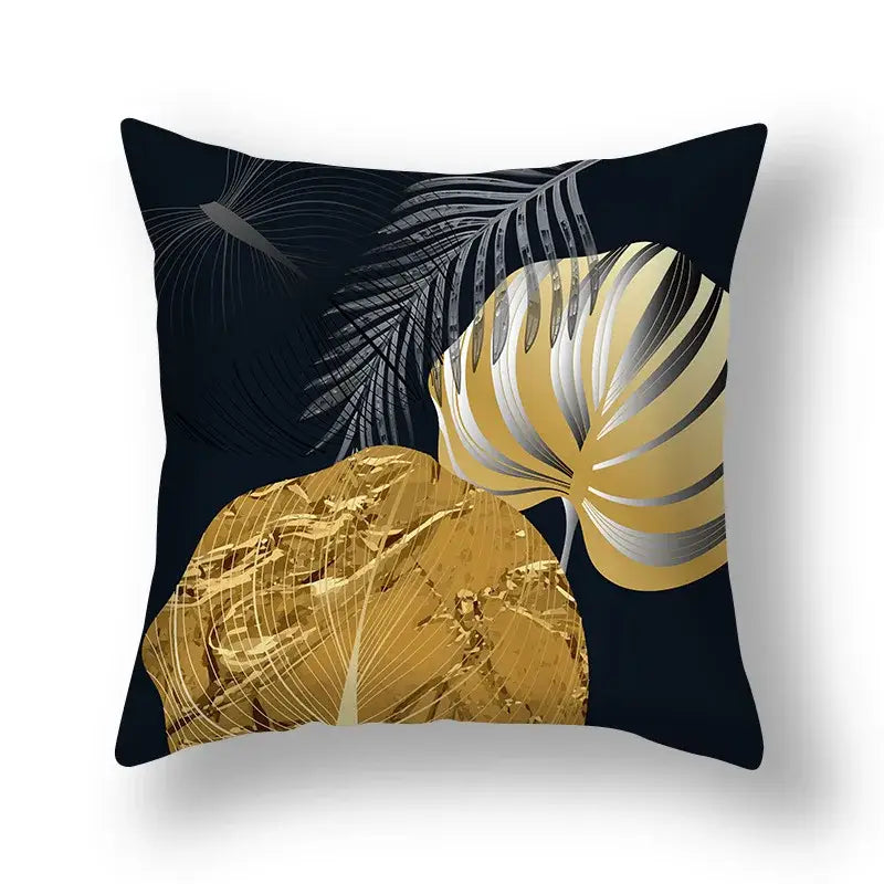 Black decorbites ginkgo leaves throw pillow featuring bold metallic gold and silver leaves print sofa design 45x45cm
