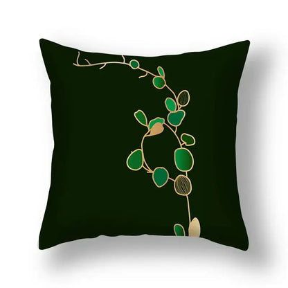 Dark green decorbites ginkgo leaves print sofa pillowcase with elegant gold-traced vine and glossy emerald leaves