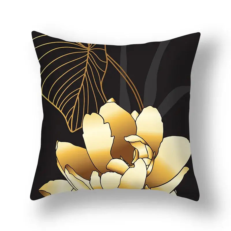 Black decorbites ginkgo leaves print sofa pillowcase with gold-toned floral design and delicate leaf outlines