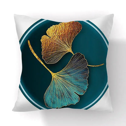 Decorbites ginkgo leaves print sofa pillowcase featuring golden and teal ginkgo leaves on deep teal background with white borders
