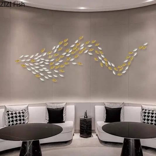 Decorbites ginkgo leaves wall decor featuring a modern metallic gold and silver fish school for living room accents