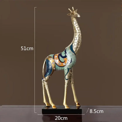 Decorbites giraffe mother and child painted sculpture 51cm tall gold metallic finish with turquoise blue and orange patterns