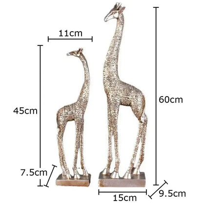 Silver-toned giraffe resin statue ornament with intricate floral etchings and metallic bases for room decoration