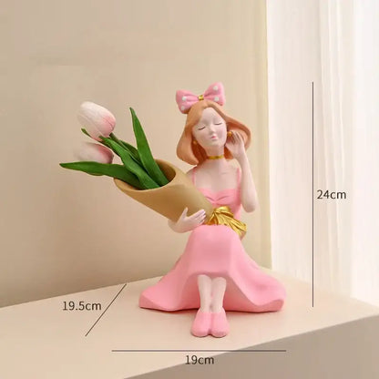 DecorBites girl statues pink resin figurine in a pink dress holding tulips for vase ornaments and office decor